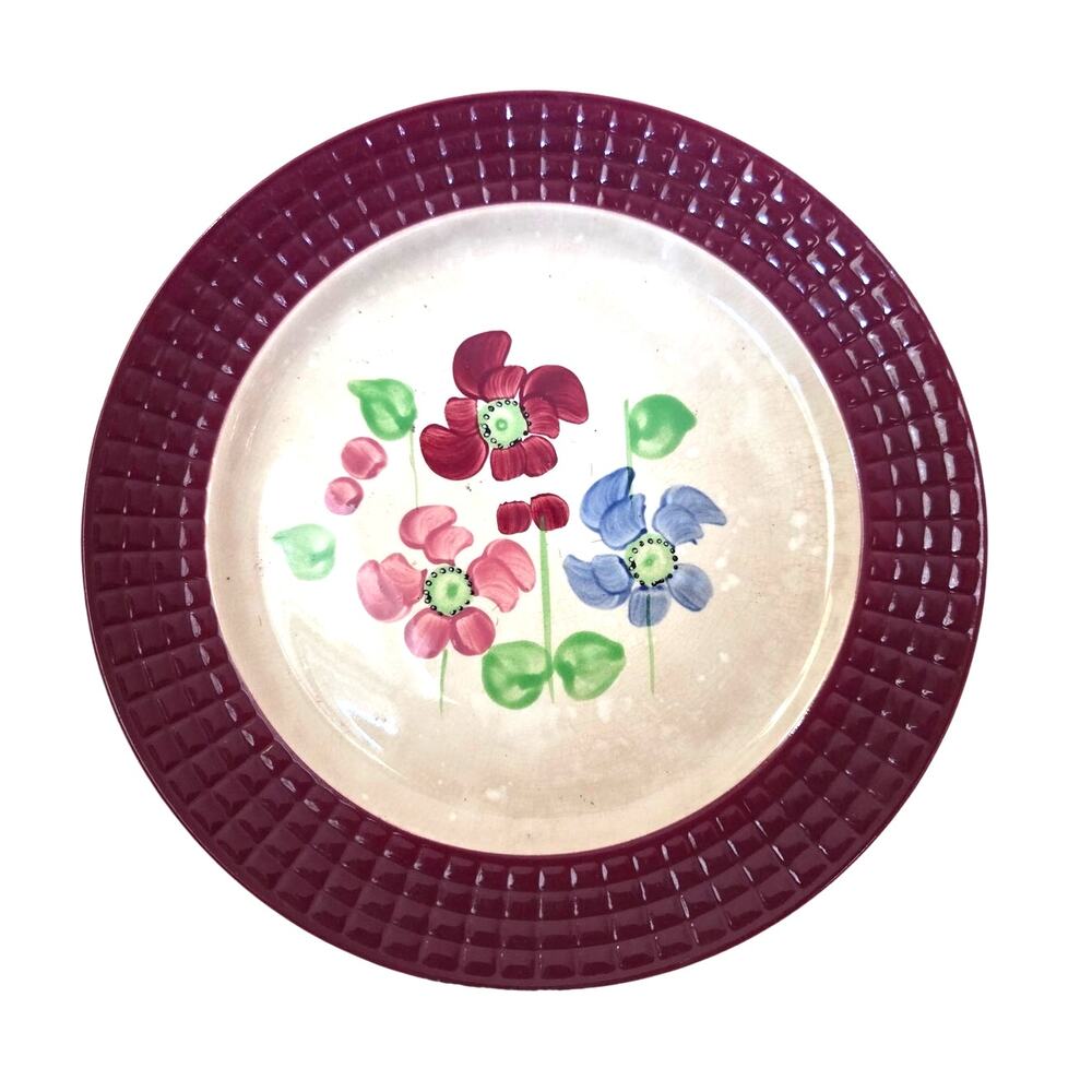 Vtg Blue Ridge Pottery Basket Pattern Dinner Plate Floral Maroon